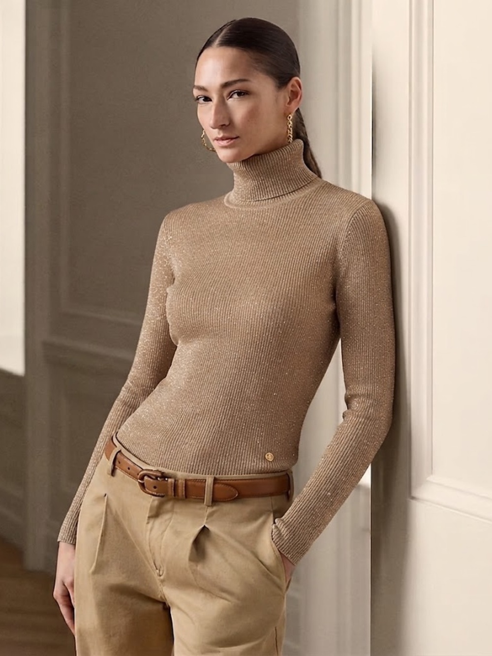 Lauren Ralph Lauren Gold Metallic Ribbed Turtleneck Sweater XL/TG run small NWT